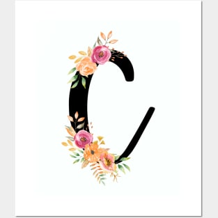 Letter C With Autumn Floral Wreath Posters and Art